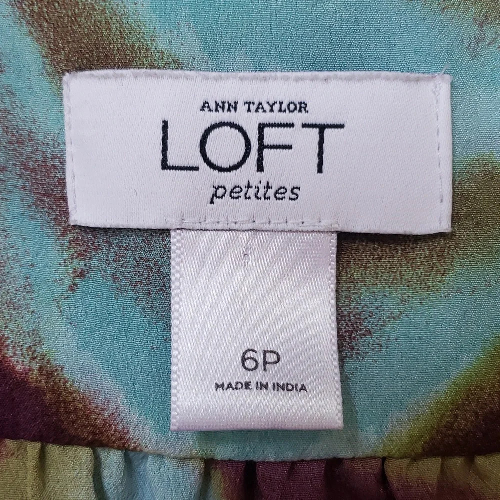 LOFT Teal Maroon Print Dress V-neck Cinched Waist Retro Flair SIZE 6P PETITE